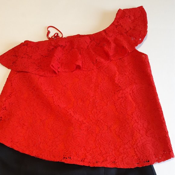 Red One Shoulder Lace Top - Picture 6 of 13